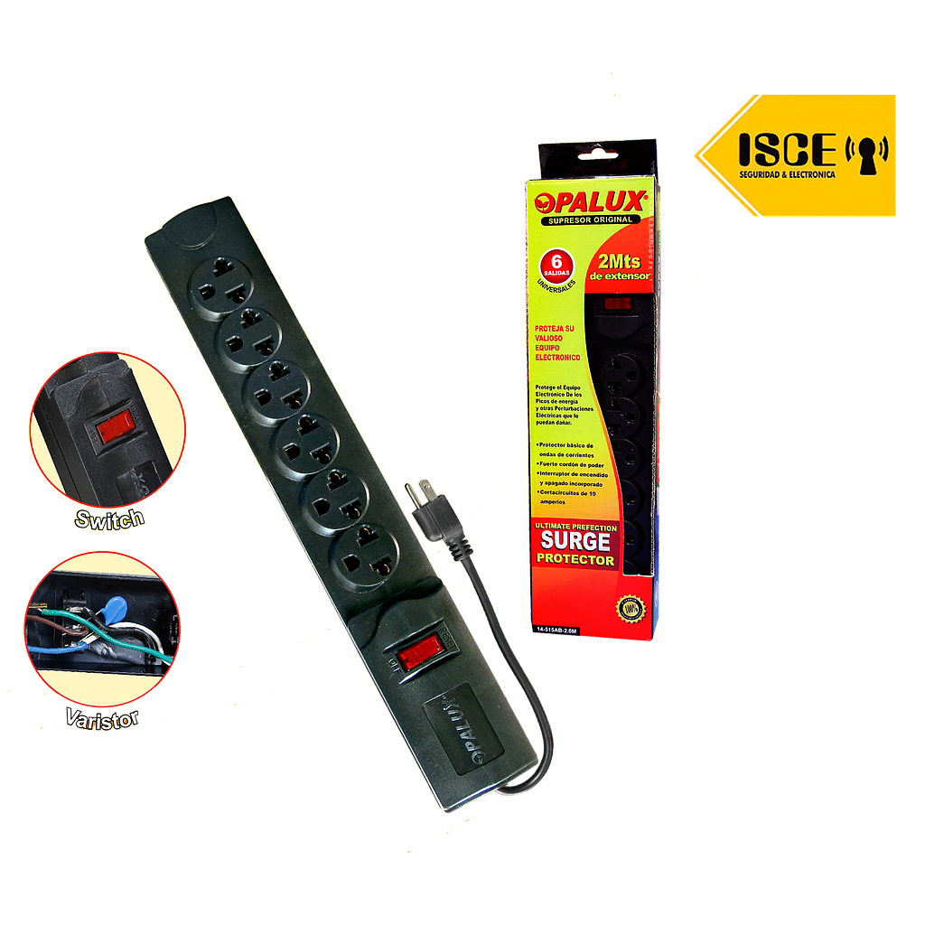 OPALUX SUPRESOR DE PICO 2MTS. 6TOMAS UNIVERSALES C/SW